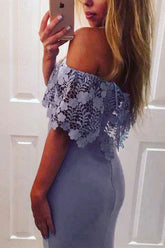 Lavender Mermaid Off Shoulder Lace Prom Dresses With Slit, Evening Dress